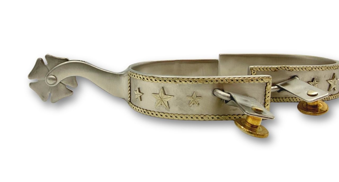 Western spurs silver with engraved decoration and reining horse emblem, wheel spurs