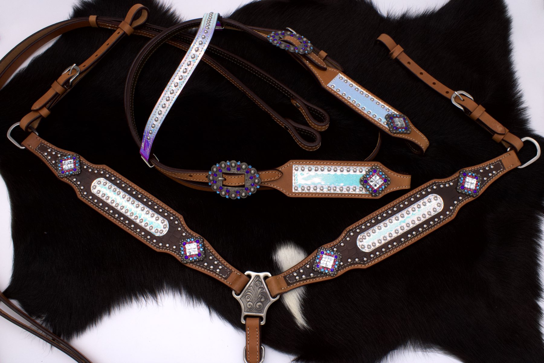 Hologramm Westerntrense mit Vorderzeug, Set aus Vorderzeug und Trense, Nieten