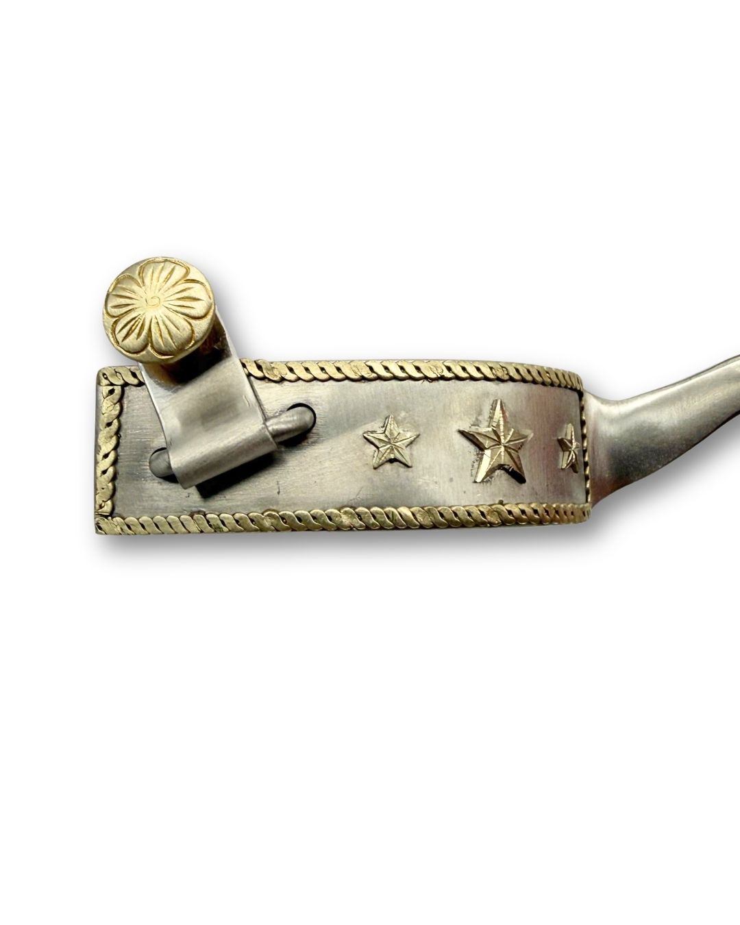 Western spurs silver with engraved decoration and reining horse emblem, wheel spurs