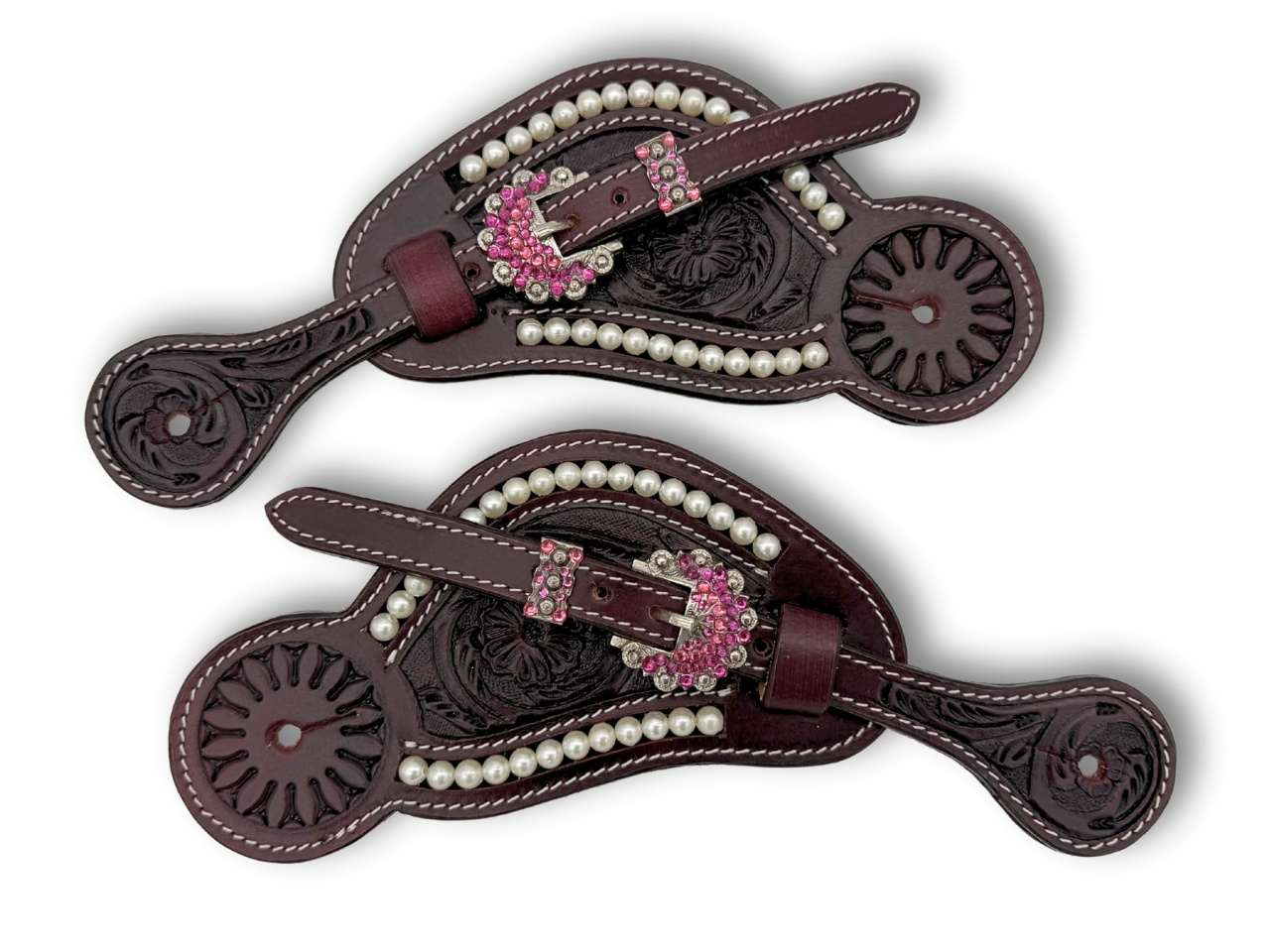 Spur straps burgundy/pink with pearls