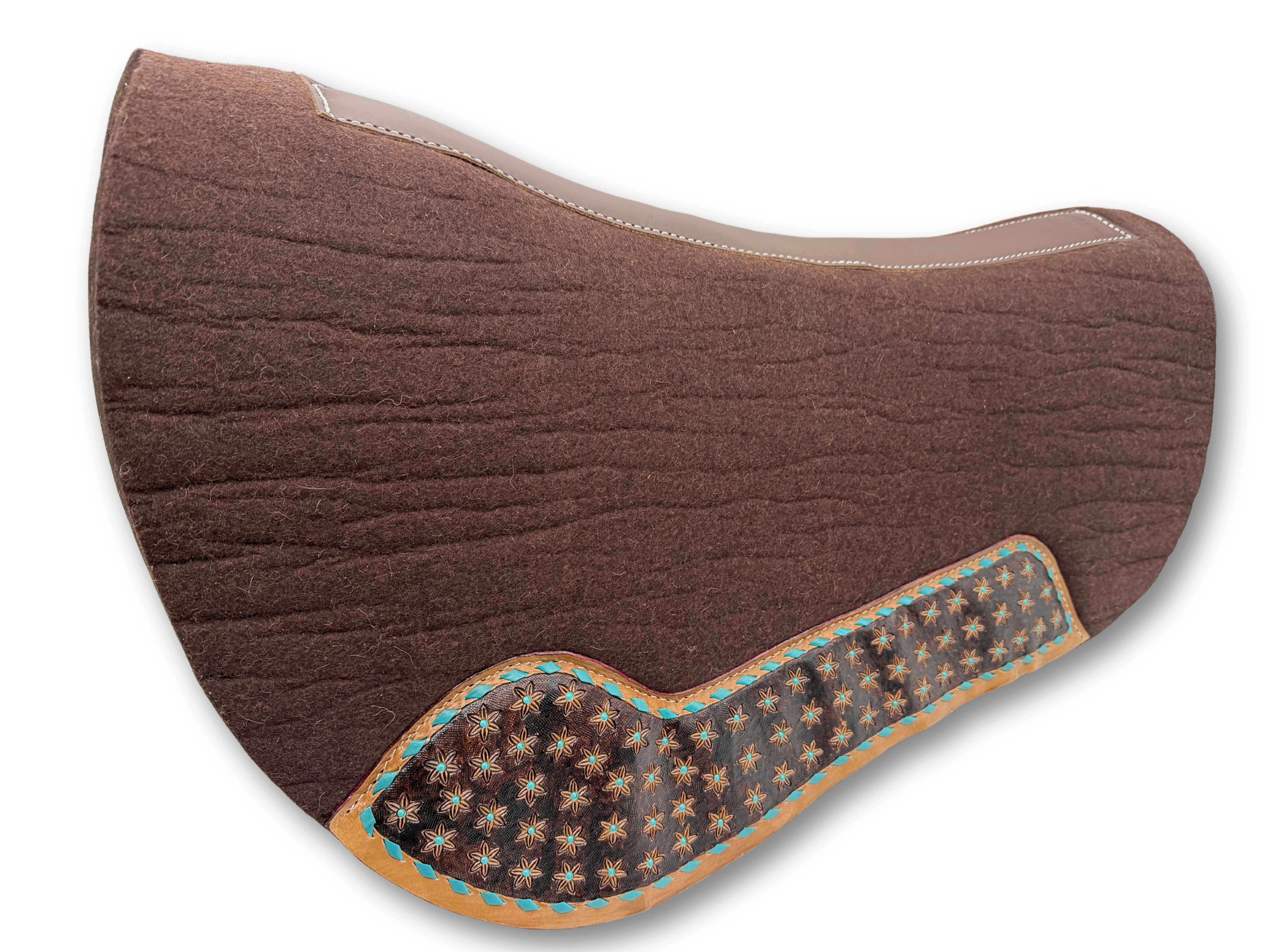 Wool felt western pad Roundskirt - brown with floral embossing &amp; turquoise accents