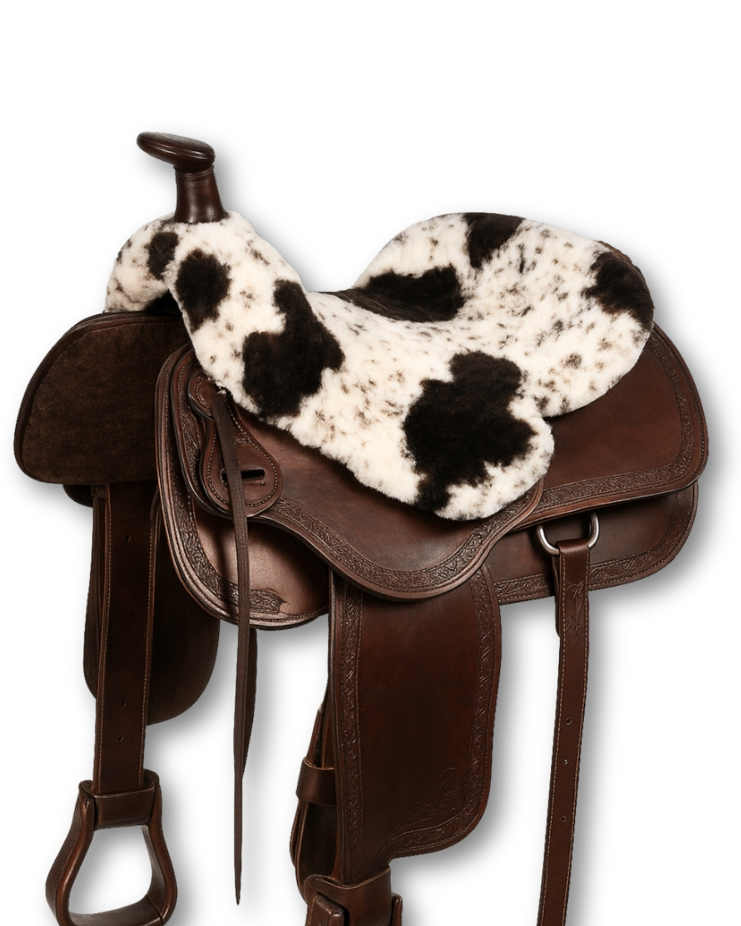 Exclusive unique items - sheepskin western saddle seat cover pinto skin with horn cut-out