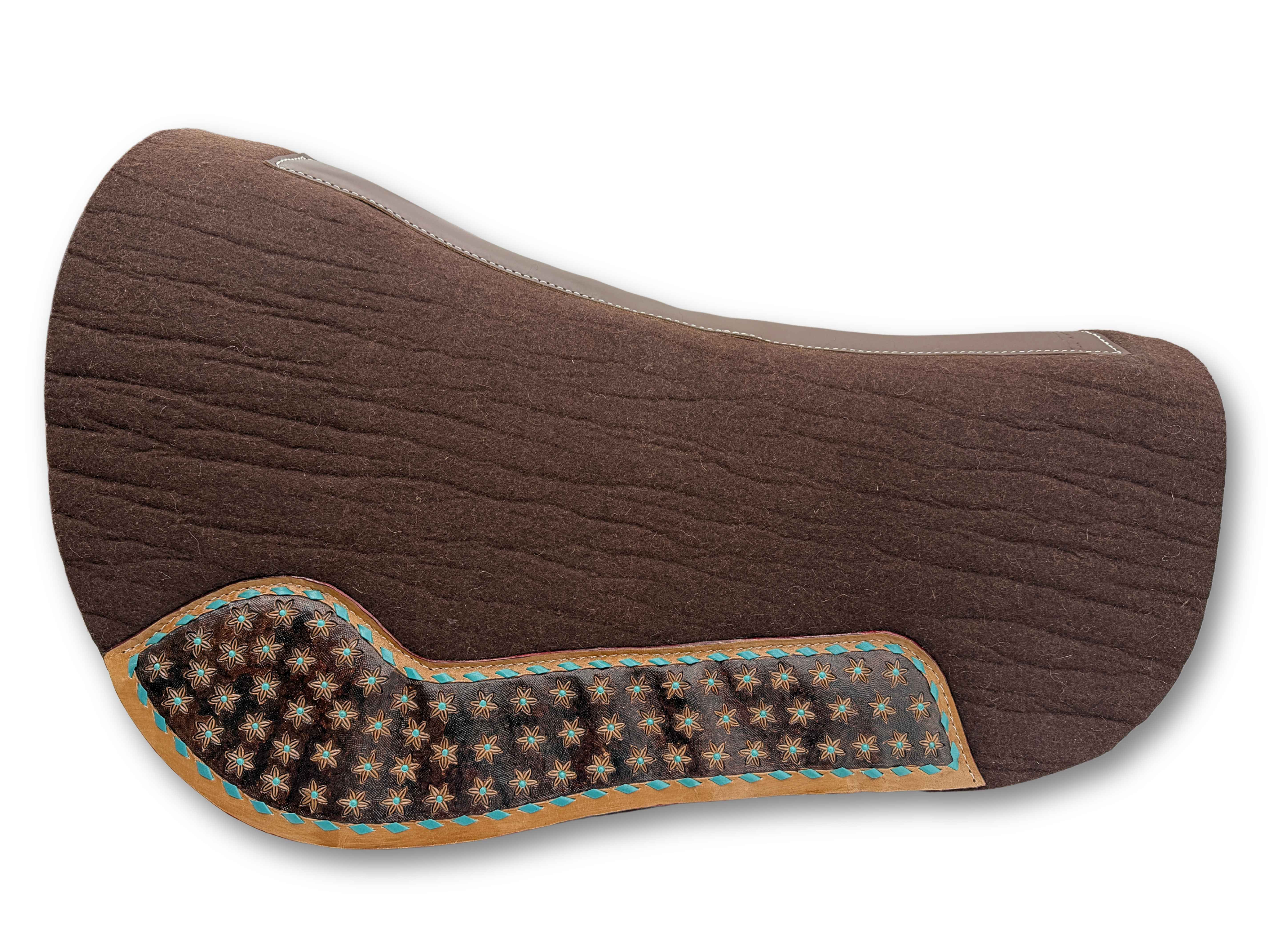 Wool felt western pad Roundskirt - brown with floral embossing &amp; turquoise accents