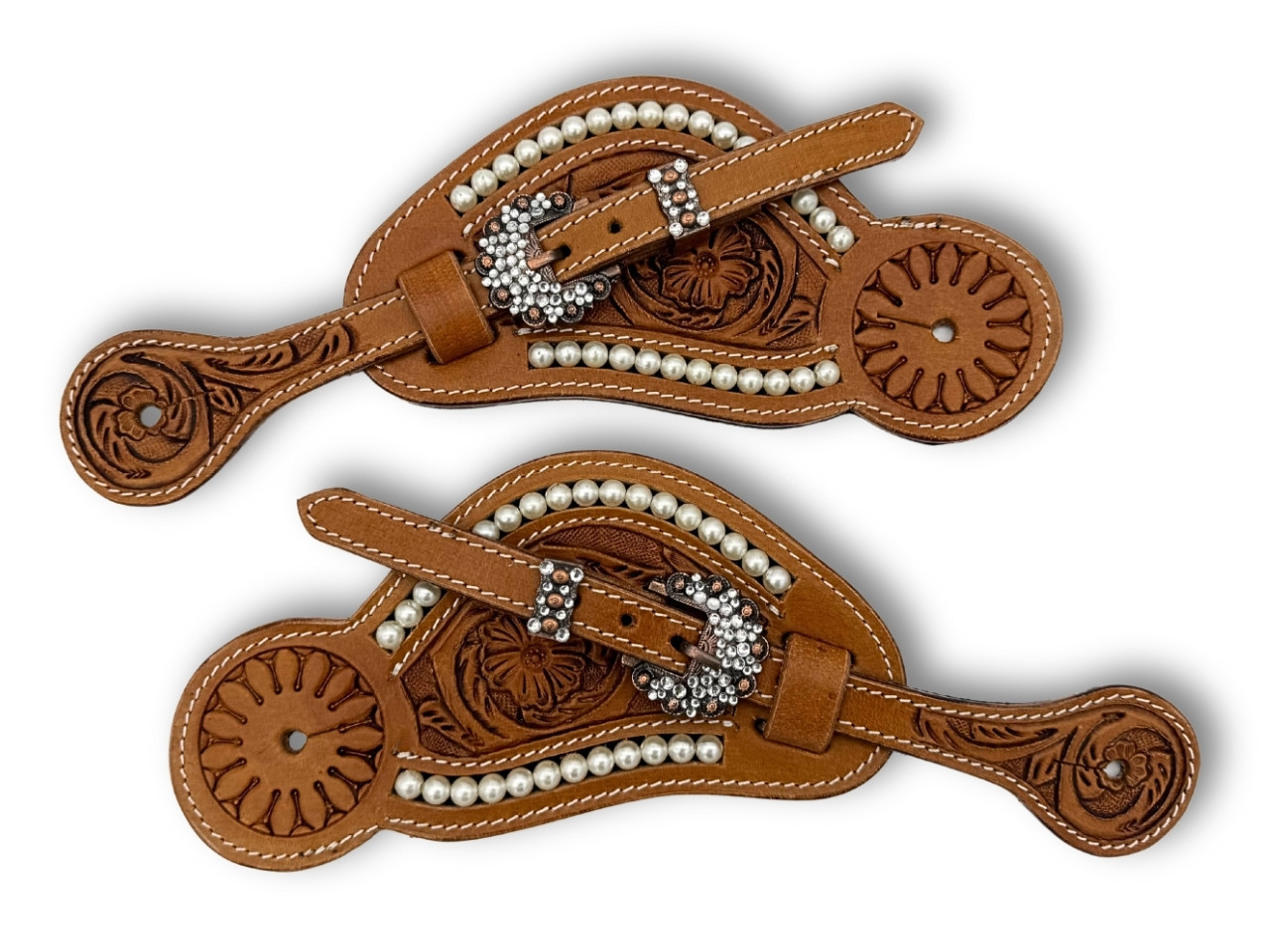 Spur straps punched light brown with white pearls