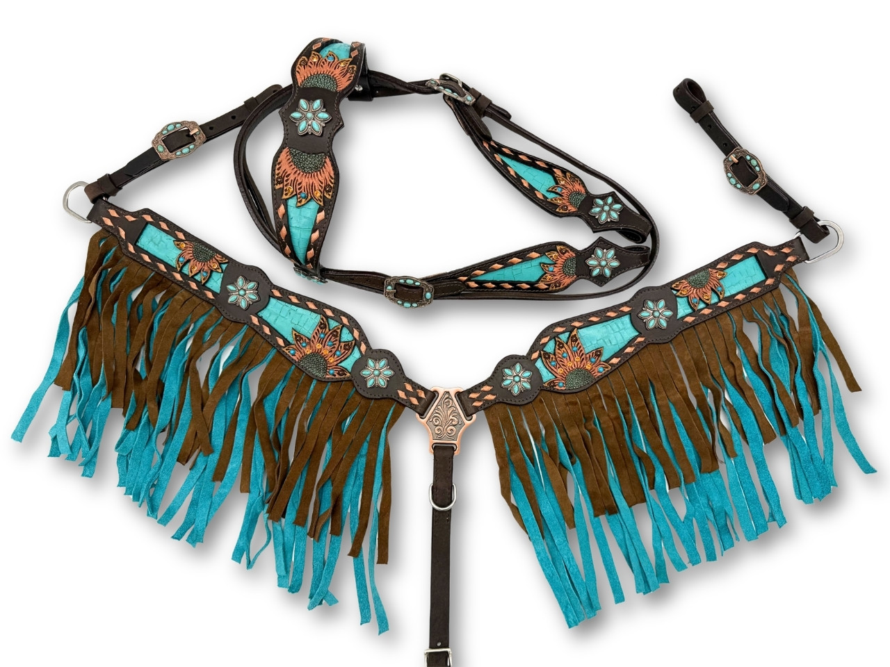 Western bridle turquoise and breast collar with fringes in dark brown