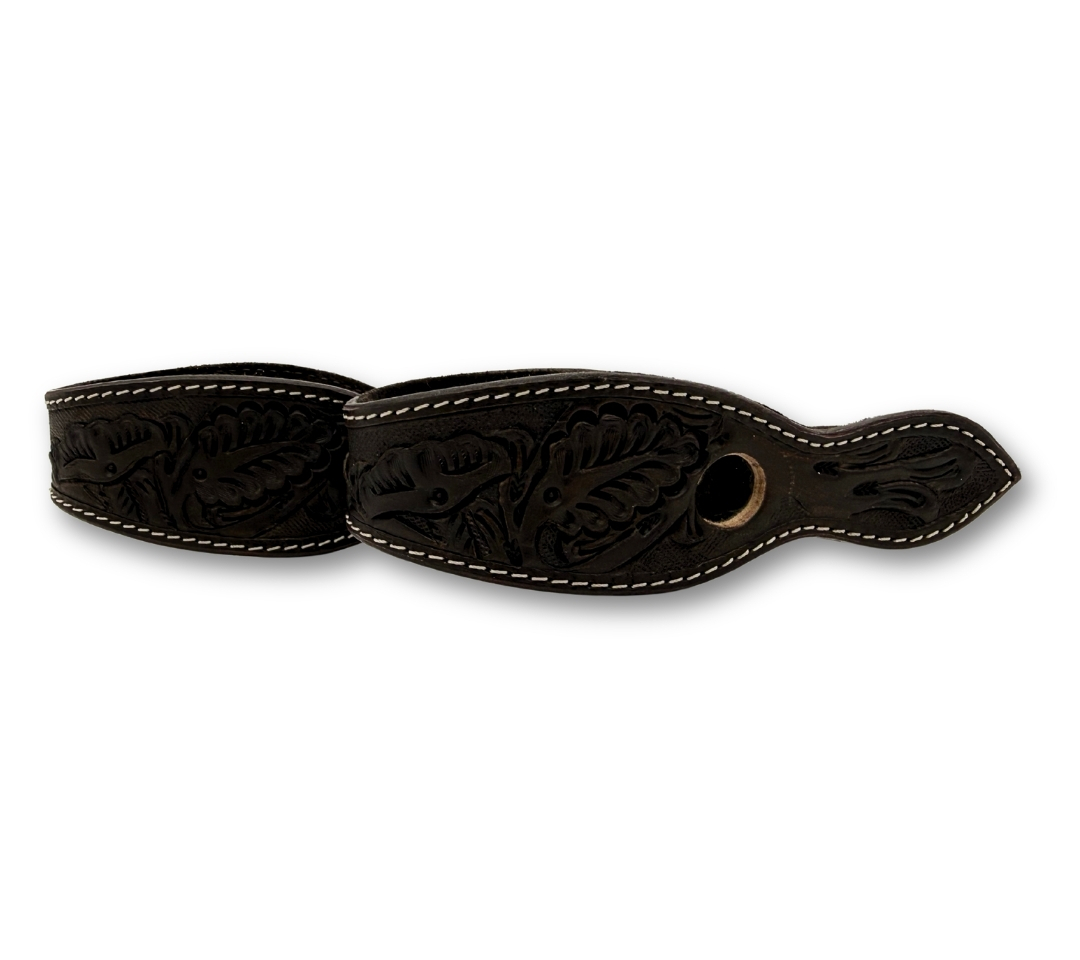 Leather slobber bars with punched flowers, dark brown