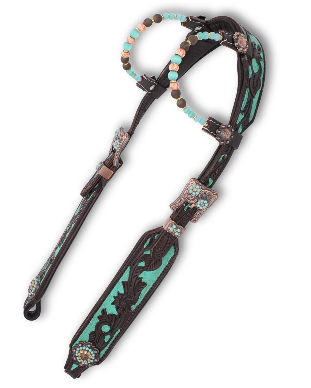 Two Ear Super Soft anatomical western bridle turquoise with pearl earloop, dark brown