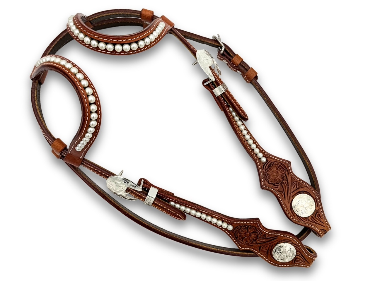 Elegant Two Ear western bridle with pearls and throat lash, medium brown