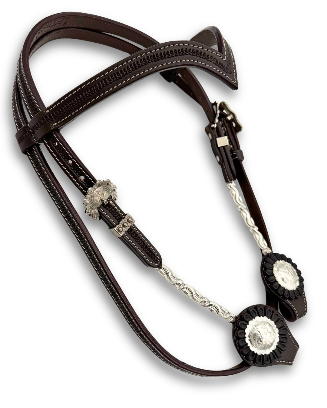Western bridle with dark brown leather with V-headband &amp; silver decorations