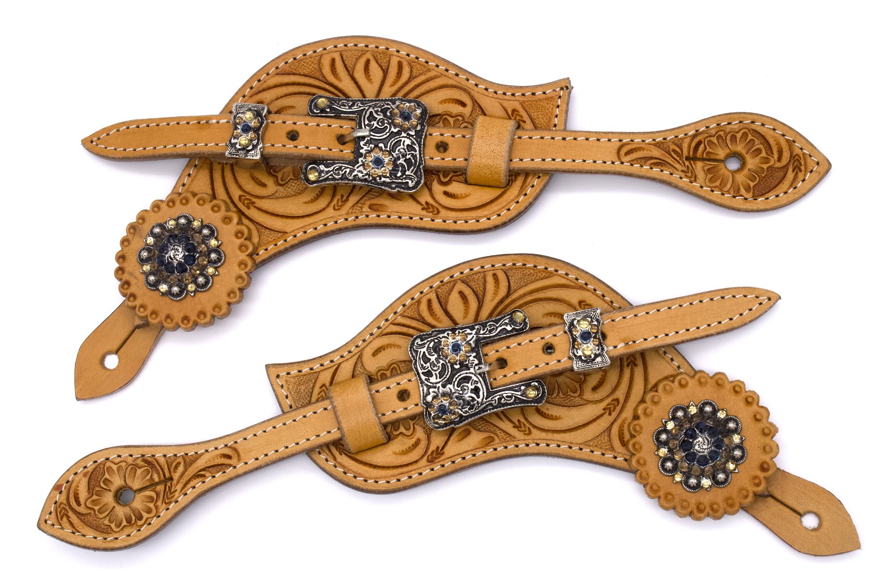 Western Sporenriemen hellbraun mit strass Conchos und verzierten Schnallen