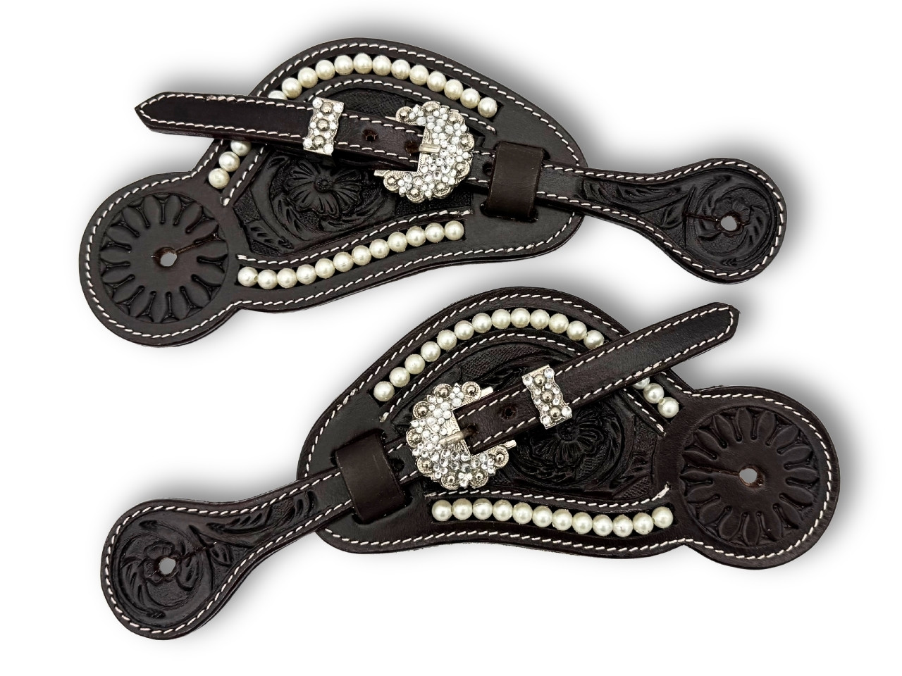 Spur straps dark brown/white with pearls