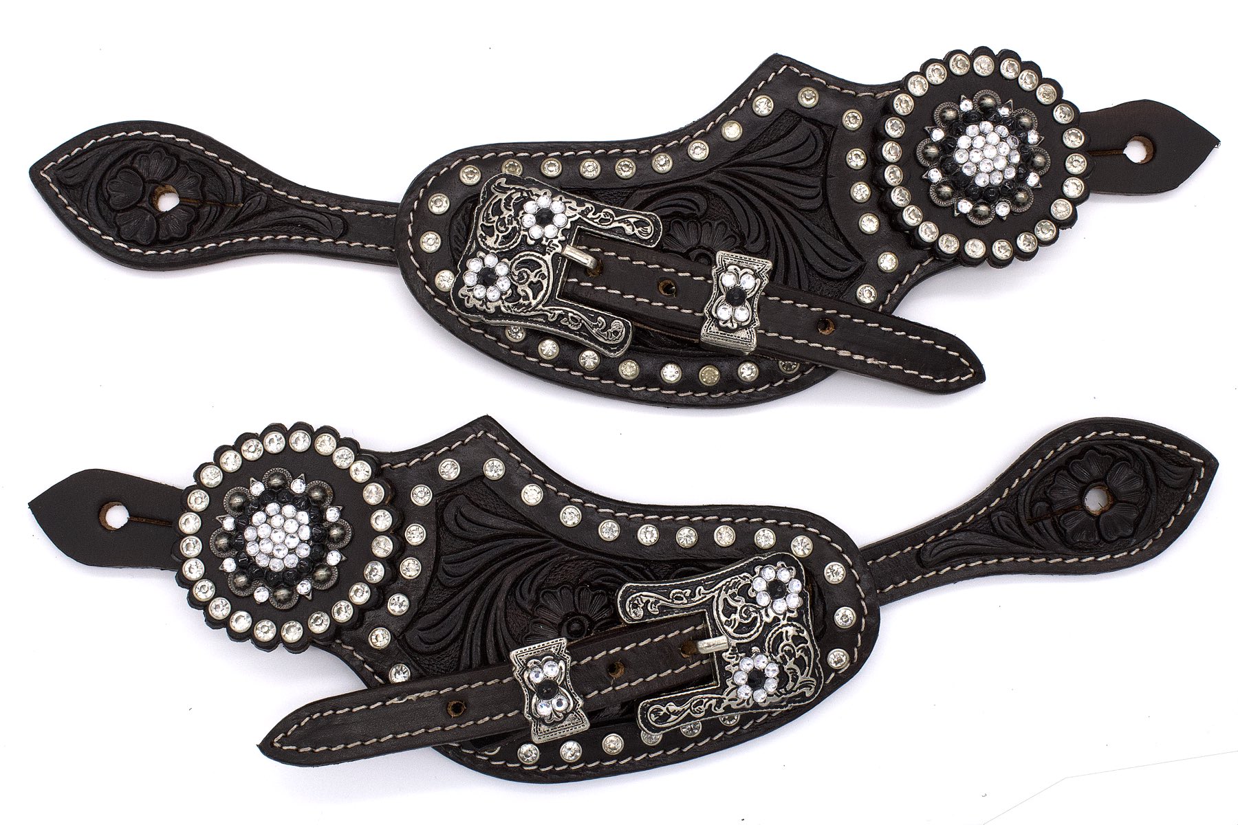 Western Sporenriemen dunkelbraun mit schwarzen strass Conchos und verzierten Schnallen