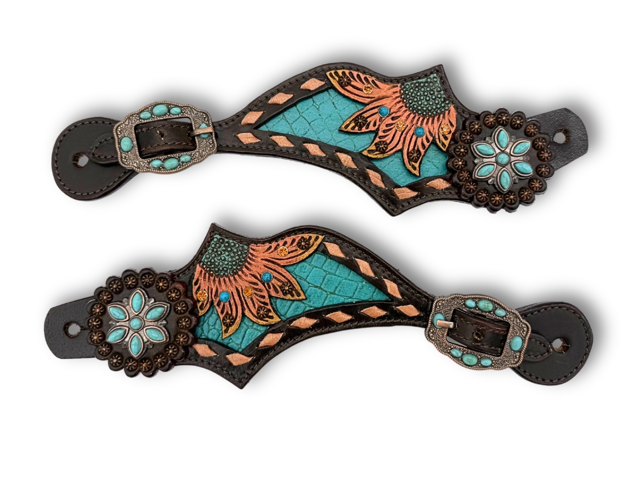 Spur straps dark brown with turquoise flower conchos and rose gold accents