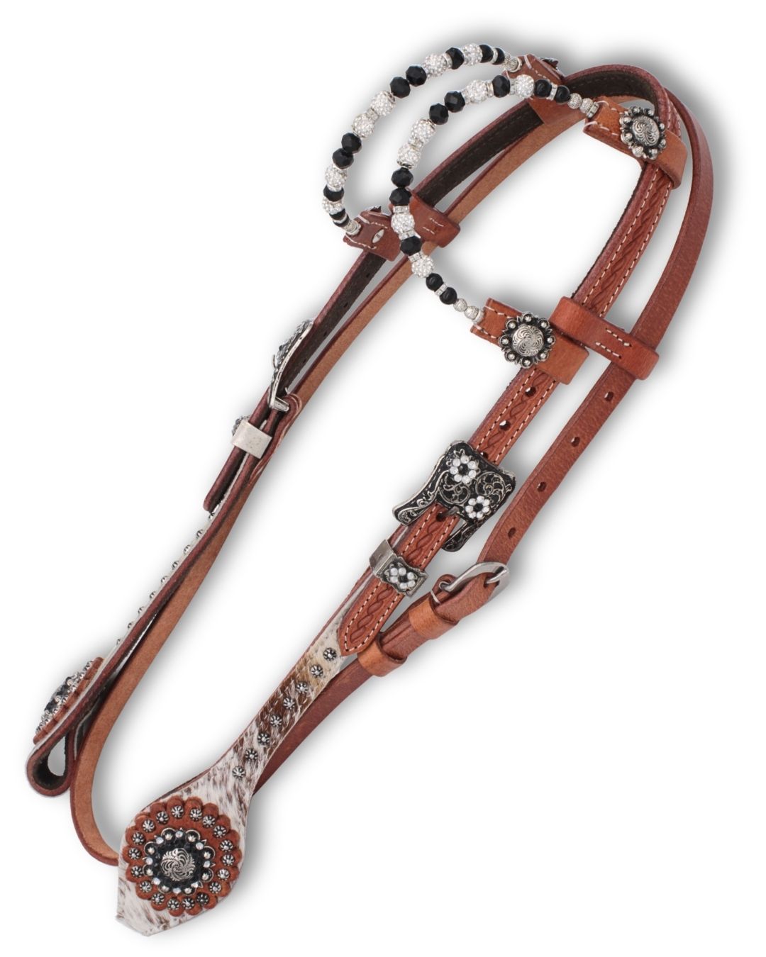 Two Ear western bridle with throat lash, real hair overlay, black-silver