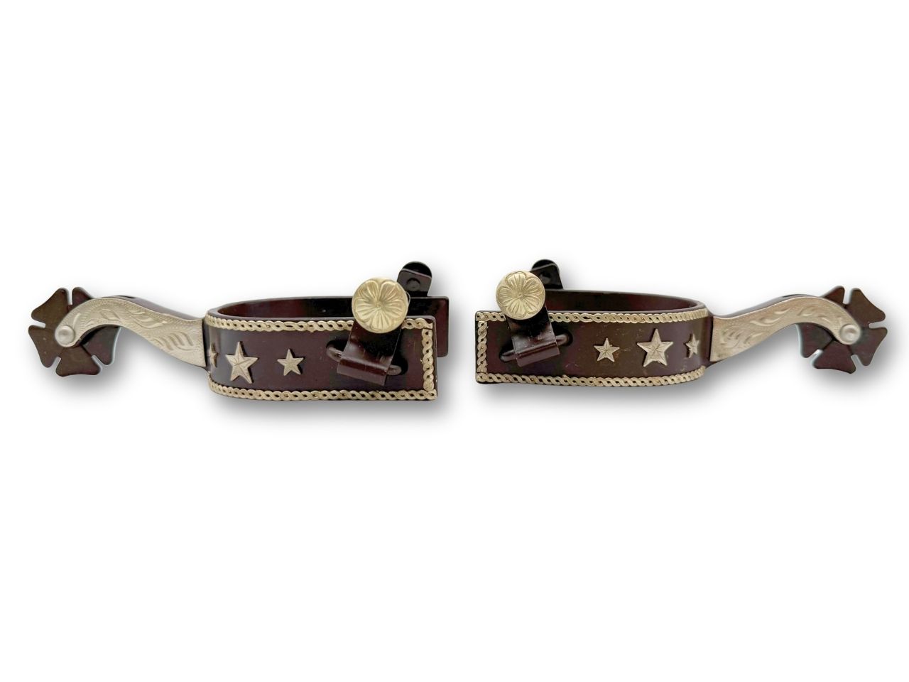 Western spurs black with engraved decoration and reining horse emblem, wheel spurs