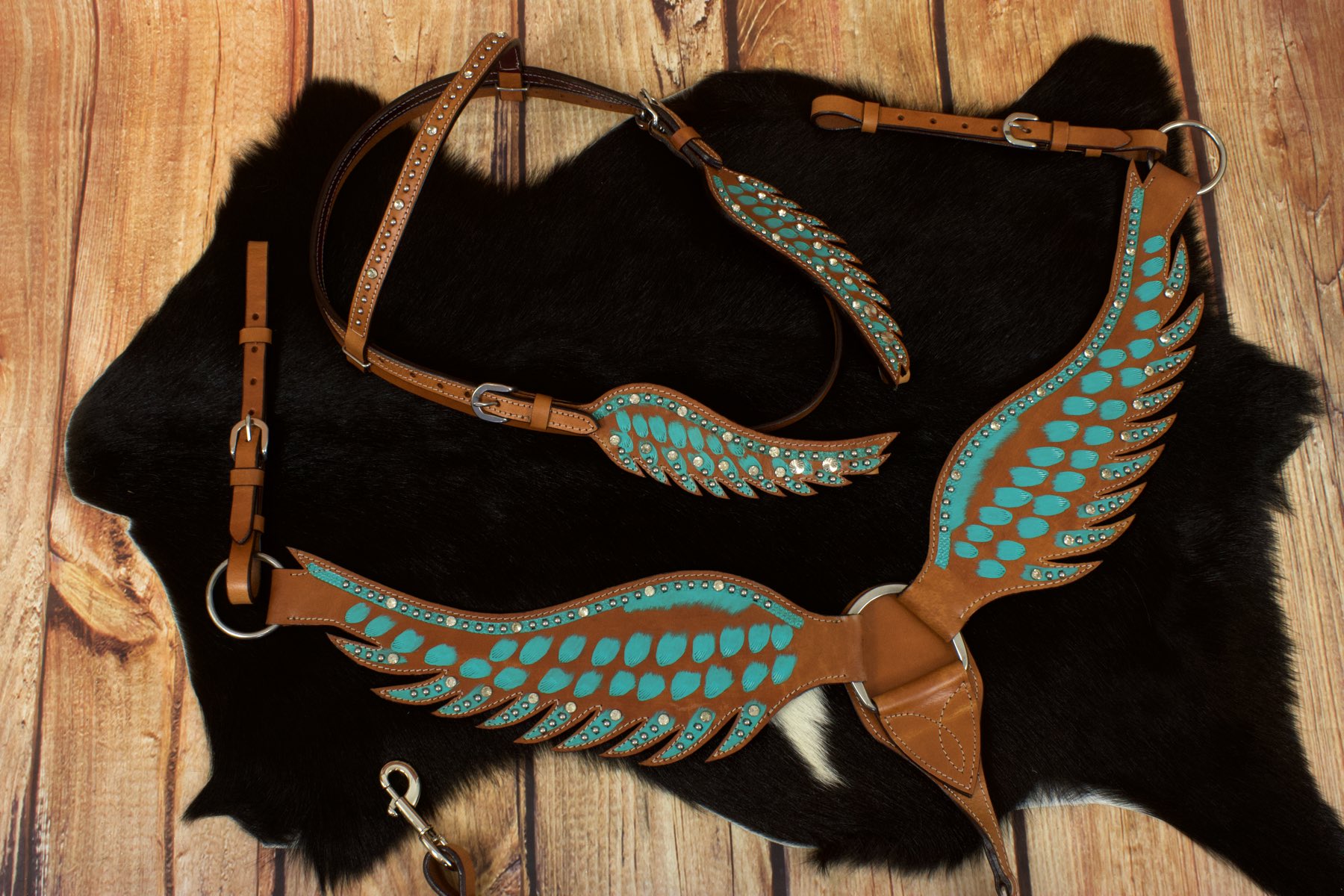 Wings Show Western-Kopfstück, Set aus Vorderzeug und Trense, türkis mit Strass, in Flügelform