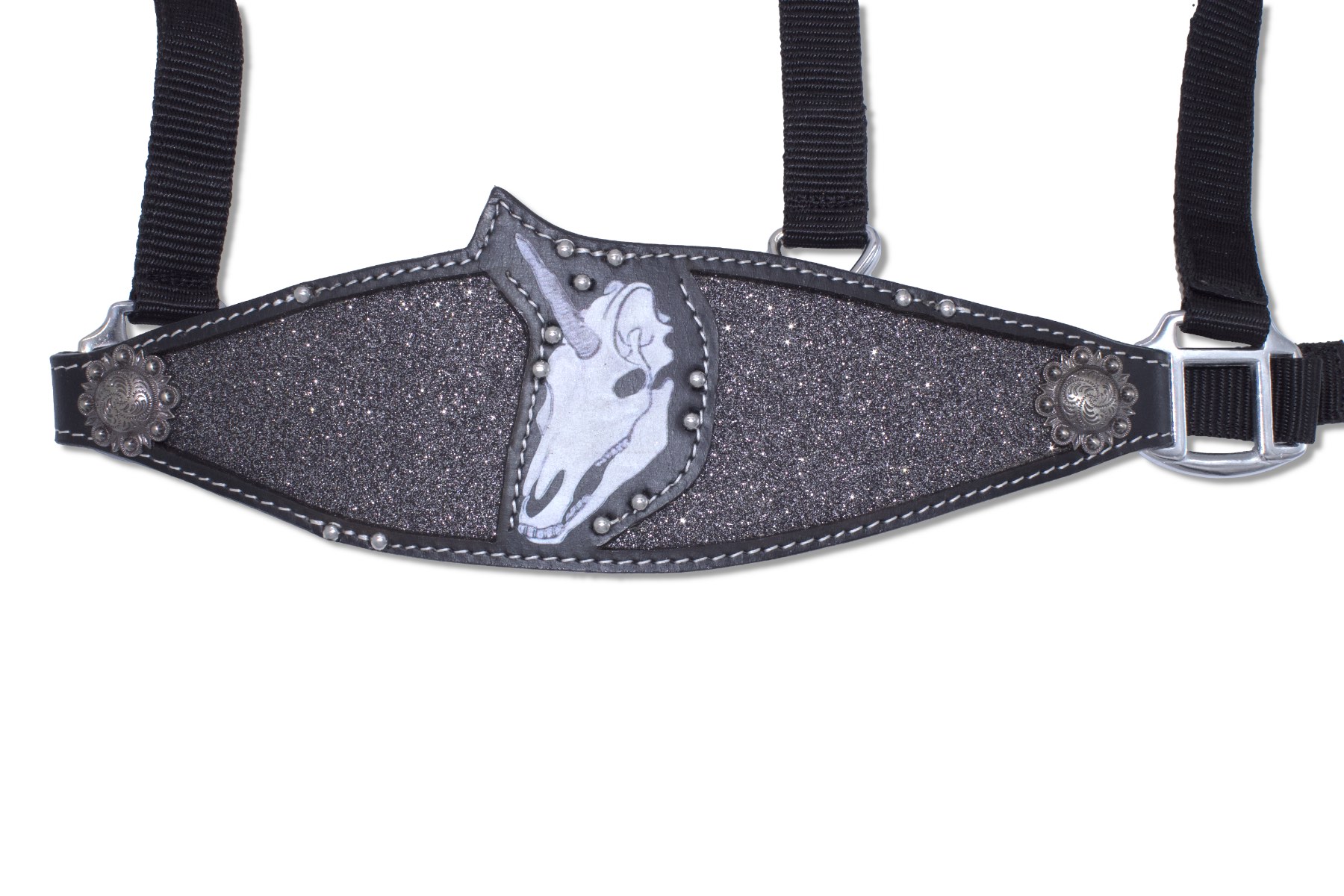 Glitzer Nylon Westernhalfter Einhorn Knochenkopf, Totenkopf schwarz