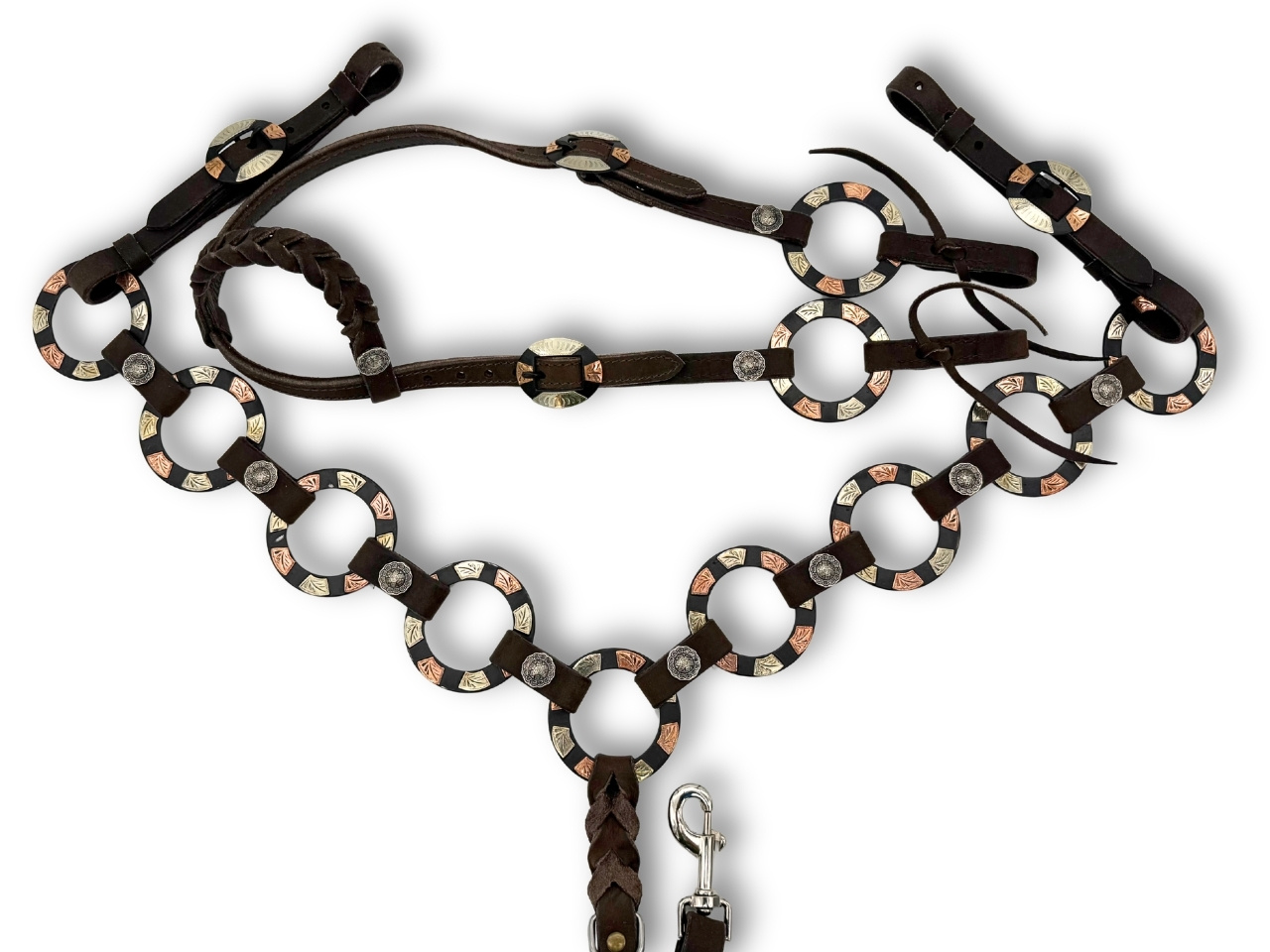 One Ear western set dark brown consisting of western bridle and breast collar with rings
